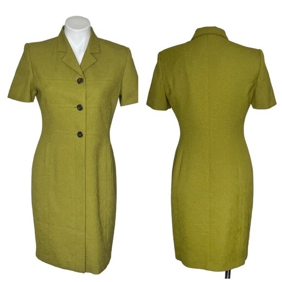 KASPER ASL Chartreuse Green Dress Short Sleeve Button Up Lined Size 6P Vintage - Picture 11 of 11